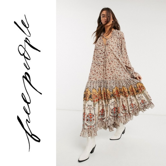 Free People Dresses & Skirts - Free People 🤍🧡 Feeling Groovy Border Print Maxi Dress in Sand Combo
